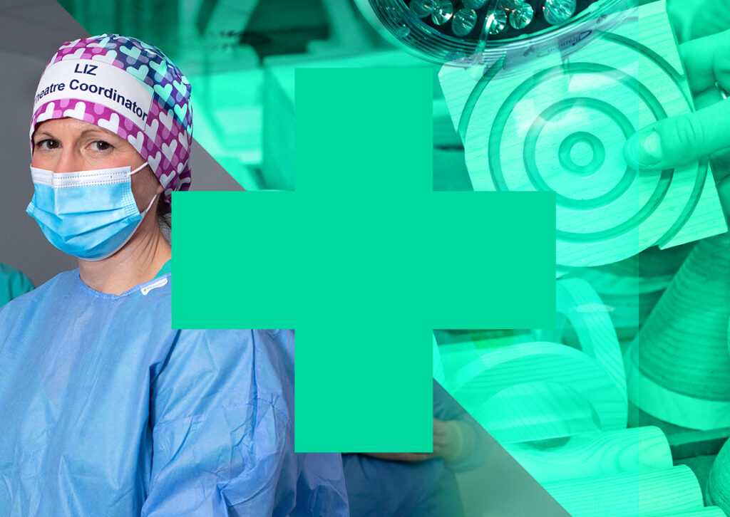 (L) Reusable Theatre Caps, reducing reliance on single-use plastic in operating theatres, photograph by Marsaili McGrath, (R) Mosaic Landscapes, engaging diverse communities in NHS greenspace and land use, photograph by Julie Howden